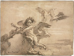 Kupidyn z zawiązanymi oczami i dwa gołębie, 1757 lub później. autorstwa Giovanni Domenico Tiepolo