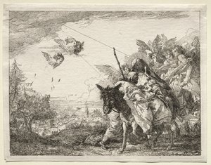 Ucieczka do Egiptu: Józef zatrzymuje się, by spojrzeć na Dzieciątko Chrystus autorstwa Giovanni Domenico Tiepolo