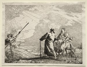 Ucieczka do Egiptu: Święta Rodzina przybywająca na brzeg rzeki. autorstwa Giovanni Domenico Tiepolo