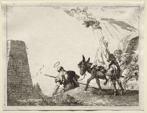 Ucieczka do Egiptu: Święta Rodzina przechodząca w pobliżu piramidy autorstwa Giovanni Domenico Tiepolo