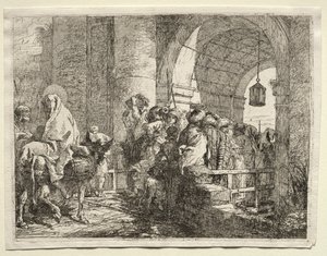 Ucieczka do Egiptu: Święta Rodzina przechodząca pod łukiem. autorstwa Giovanni Domenico Tiepolo
