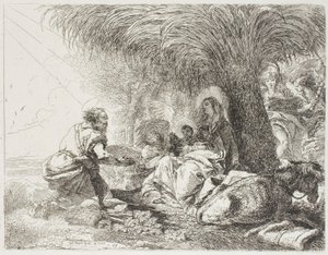 Józef adorujący dziecko, podczas gdy dwa anioły śpiewają, płyta dziewiętnasta z „Ucieczki do Egiptu” autorstwa Giovanni Domenico Tiepolo