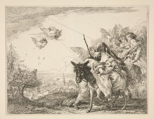 Józef kontempluje Dzieciątko Jezus, z cyklu Malownicze Pomysły na Ucieczkę do Egiptu (Ucieczka do Egiptu) autorstwa Giovanni Domenico Tiepolo