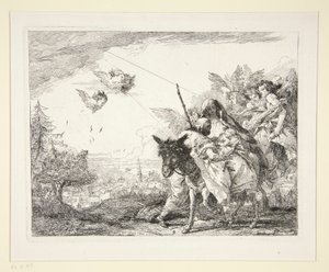 Józef kontempluje Dzieciątko Jezus, z cyklu Malownicze Pomysły na Ucieczkę do Egiptu (Ucieczka do Egiptu) autorstwa Giovanni Domenico Tiepolo