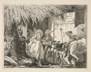 Józef i Maryja przed domem, z cyklu Idee pittoresche sopra la fuga in Egitto (Ucieczka do Egiptu) autorstwa Giovanni Domenico Tiepolo