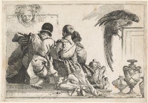 Klęczące strony, maska i papuga autorstwa Giovanni Domenico Tiepolo