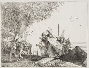Maryja z pomocą Józefa i Anioła, Wychodząc z łodzi, płyta osiemnasta z Ucieczki do Egiptu autorstwa Giovanni Domenico Tiepolo