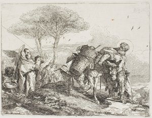 Maryja z pomocą dwóch aniołów podąża za Józefem z osłem, płyta 25 z „Ucieczki do Egiptu” autorstwa Giovanni Domenico Tiepolo