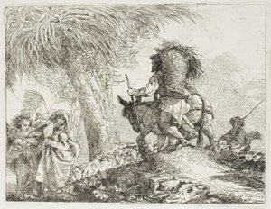 Maryja z pomocą anioła i Józef niosący kosz, przechodzące stado, płyta 24 z „Ucieczki do Egiptu” autorstwa Giovanni Domenico Tiepolo