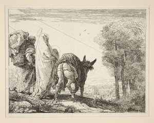 Maryja trzymająca dziecko w ramionach, z cyklu Idee pittoresche sopra la fuga in Egitto (Ucieczka do Egiptu) autorstwa Giovanni Domenico Tiepolo
