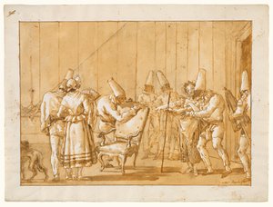 Punchinello otrzymuje pomoc, by usiąść na krześle autorstwa Giovanni Domenico Tiepolo