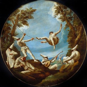 Punchinellos na huśtawkach, tworzenie muzyki i wykonywanie akrobatyki w krajobrazie autorstwa Giovanni Domenico Tiepolo