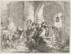 Święta Rodzina przybywająca do Bramy Miejskiej, tablica 27 z Ucieczki do Egiptu autorstwa Giovanni Domenico Tiepolo