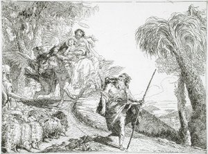Święta Rodzina schodząca leśną ścieżką, w pobliżu stada i kilku pasterzy autorstwa Giovanni Domenico Tiepolo