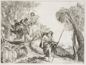 Święta Rodzina schodząc leśną ścieżką, w pobliżu stada i kilku pasterzy, płyta 21 z „Ucieczki do Egiptu” autorstwa Giovanni Domenico Tiepolo