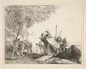 Wysiadanie Świętej Rodziny z cyklu Malownicze Pomysły na Ucieczkę do Egiptu (Ucieczka do Egiptu) autorstwa Giovanni Domenico Tiepolo