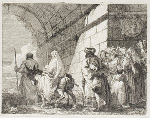 Święta Rodzina wychodząca bramą miejską, tablica siódma z Ucieczki do Egiptu autorstwa Giovanni Domenico Tiepolo