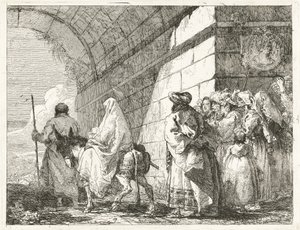 Święta Rodzina przechodzi pod łukiem miejskim autorstwa Giovanni Domenico Tiepolo