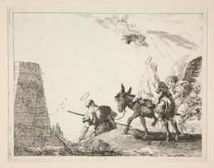 Święta Rodzina przechodząca przez piramidę, z cyklu Idee pittoresche sopra la fuga in Egitto (Ucieczka do Egiptu) autorstwa Giovanni Domenico Tiepolo