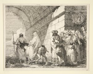 Święta Rodzina przechodząca pod łukiem, wychodząca bramą miejską, z cyklu Idee pittoresche sopra la fuga in Egitto (Ucieczka do Egiptu) autorstwa Giovanni Domenico Tiepolo