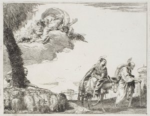 Święta Rodzina idąca wzdłuż murów miejskich. Po lewej pasterz ze swoją owczarnią i Bogiem Ojcem, tablica ósma z Ucieczki do Egiptu autorstwa Giovanni Domenico Tiepolo