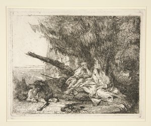 Odpoczynek w ucieczce do Egiptu z cyklu Idee pittoresche sopra la fuga in Egitto (Ucieczka do Egiptu) autorstwa Giovanni Domenico Tiepolo