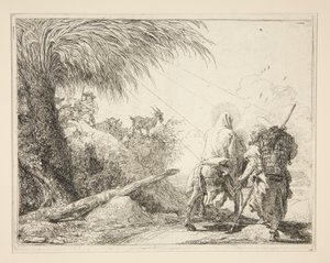 Dziewica na ośle widziana od tyłu, z cyklu Idee pittoresche sopra la fuga in Egitto (Ucieczka do Egiptu) autorstwa Giovanni Domenico Tiepolo