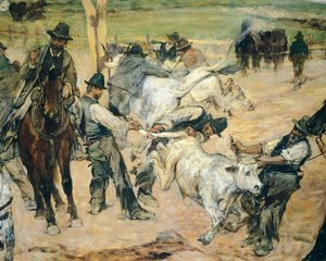 Znakowanie młodych byków w Maremma, ok. 1887, Giovanni Fattori (1825-1908), 86x172 cm, Szczegół autorstwa Giovanni Fattori