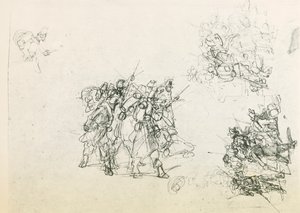 Trzy szkice dla grup żołnierzy (czarny ołówek) autorstwa Giovanni Fattori