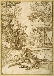 Pejzaż z odpoczywającymi dwoma pastuszkami, satyr i taniec kozy (pióro i atrament na papierze) autorstwa Giovanni Francesco Grimaldi