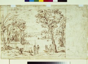 Krajobraz z postaciami na brzegu rzeki (pióro i atrament na papierze) autorstwa Giovanni Francesco Grimaldi