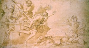 Arion i delfiny (pióro i brązowy tusz oraz pranie na papierze) autorstwa Giovanni Francesco Romanelli