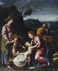 Święta Rodzina z młodym Janem Chrzcicielem i św. Katarzyną par Penni, Gianfrancesco (1496-1528). Olej na drewnie, format 115,5x95,ok. 1525, Muzeum Narodowe, Warszawa