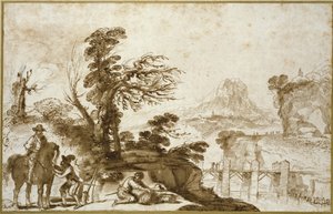 Krajobraz z jeźdźcem i mostem (pióro i pranie w brązowym tuszu z odrobiną czarnej kredy na złamanym papierze) autorstwa Giovanni Francesco Barbieri