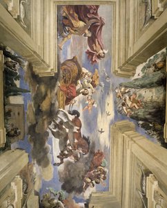 Sala di Aurora Sala Świtu Szczegół sufitu przedstawiający rydwan Świtu, 1621 tempera na desce autorstwa Giovanni Francesco Barbieri