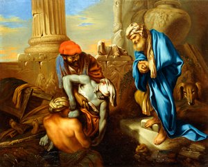 Tobit grzebanie zmarłych wbrew rozkazom Sennacheryba, autorstwa Giovanni Francesco Castiglione