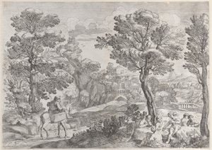 Grupa ludzi grających w karty po prawej i mężczyzna na koniu po lewej, 1626-80.
