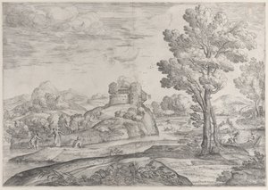 Dom na szczycie okrągłej skały pośrodku, ludzie w rzece iw kajakach, 1626-80.