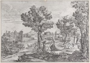 Pejzaż z mężczyzną trzymającym węża do przerażonego dziecka, obserwowany przez modną dre..., 1626-80. autorstwa Giovanni Francesco Grimaldi