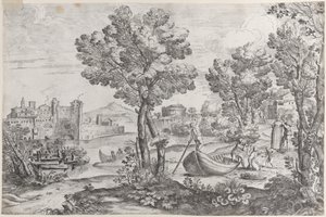 Pejzaż z mężczyzną trzymającym węża do przerażonego dziecka, obserwowany przez modną dre..., 1626-80. autorstwa Giovanni Francesco Grimaldi