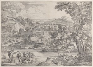 Chrzest Chrystusa u dołu po lewej, w krajobrazie, 1626-80., 1626-80. autorstwa Giovanni Francesco Grimaldi
