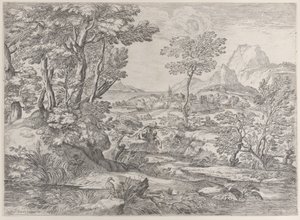 Trzech chłopców w krajobrazie z miastem w tle, 1626-80. autorstwa Giovanni Francesco Grimaldi