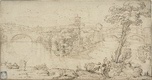 Widok na Isola Tiberina autorstwa Giovanni Francesco Grimaldi