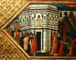 Cassone ozdobiony sceną Palio S. Giovanni (tempera na desce)