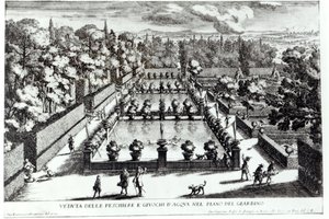 Stawy rybne w Villa dEste, Tivoli, z Le Fontane Giovanniego Battisty Faldy (ok. 1648-1787), wydane przez 1689 autorstwa Giovanni Francesco Venturini