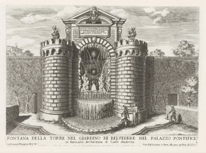 Fontein in de Vaticaanse tuinen Fontanna na wieży w ogrodzie Belweder w Pałacu Papieskim (...) (tytuł na obiekcie) Fontanny w pałacach i ogrodach Rzymu (tytuł serii) Fonteinen in de paleizen en tuinen van Rome (tytuł serii) autorstwa Giovanni Francesco Venturini