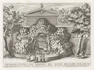 Fontein in de Villa Borghese w Rzymie Rustykalna fontanna w ogrodzie pana prencipe Borghese (...) (tytuł na obiekcie) Fontanny w pałacach i ogrodach Rzymu (tytuł serii) Fonteinen in de paleizen en tuinen van Rome (tytuł serii) autorstwa Giovanni Francesco Venturini