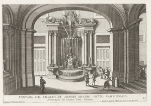 Fontein in de binnenplaats van het Palazzo Massimo di Rignano te Rome Fontanna w Palazzo de Signori Massimi pod Campidoglio (tytuł na obiekcie) Fontanny w pałacach i ogrodach Rzymu (tytuł serii) Fonteinen in de paleizen en tuinen van Rome (poważne autorstwa Giovanni Francesco Venturini