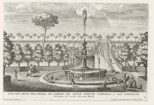 Fontein in de tuinen van Villa Doria Pamphilj te Rome Fontanna zwana królową w ogrodzie księcia Pamphilio w San Pancratio (tytuł na obiekcie) Fontanny w pałacach i ogrodach Rzymu (tytuł serii) Fonteinen in de paleizen en tuinen v autorstwa Giovanni Francesco Venturini