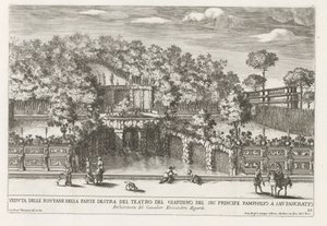 Fontein in de tuinen van Villa Doria Pamphilj te Rome Widok fontann po prawej stronie teatru ogrodowego (...) (tytuł na obiekcie) Fontanny w pałacach i ogrodach Rzymu (tytuł serii) Fonteinen in de paleizen en tuinen van Rome (seria autorstwa Giovanni Francesco Venturini